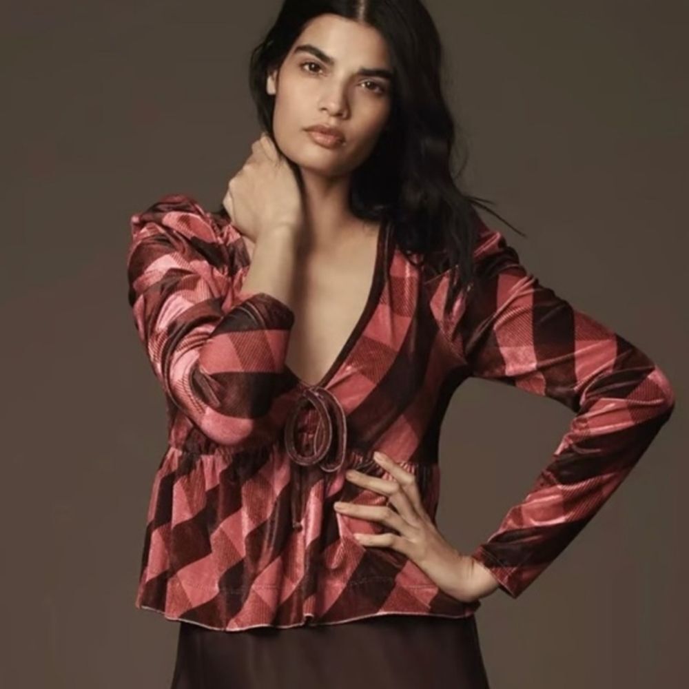 NWT Anthropology Velvet Plaid V Neck Babydoll Bow Long Sleeve Top Large